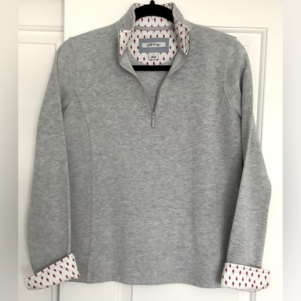 Orvis Gray Sandy Point 1/4 Zip Pullover with Red Patterned Collar